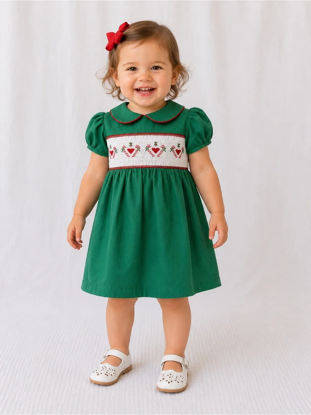 Green Smocked Holiday Dress with Heart Trim